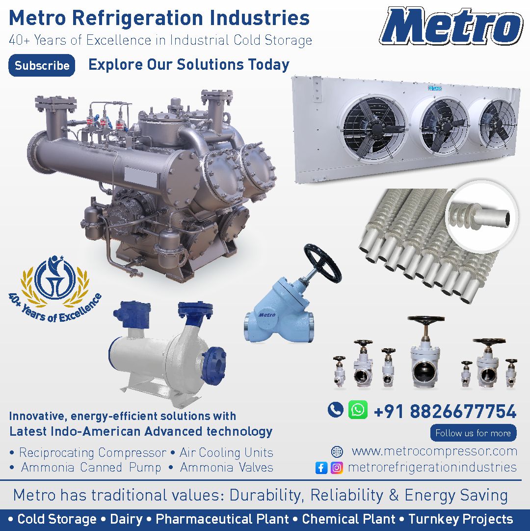 Metro Refrigeration Industries offers turnkey cold storage and refrigeration solutions for potato storage, onion storage, frozen vegetables, dairy plants, cold chains, and industrial application solutions using advanced Indo-American technology
